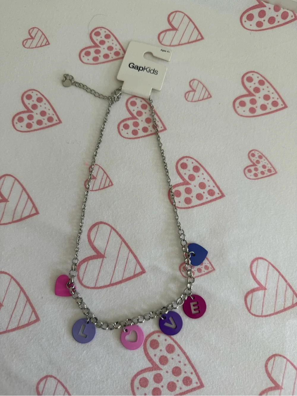 GAP Silver Tone  Adjustable LOVE Necklace with Pink, Purple & Blue Charms NWT